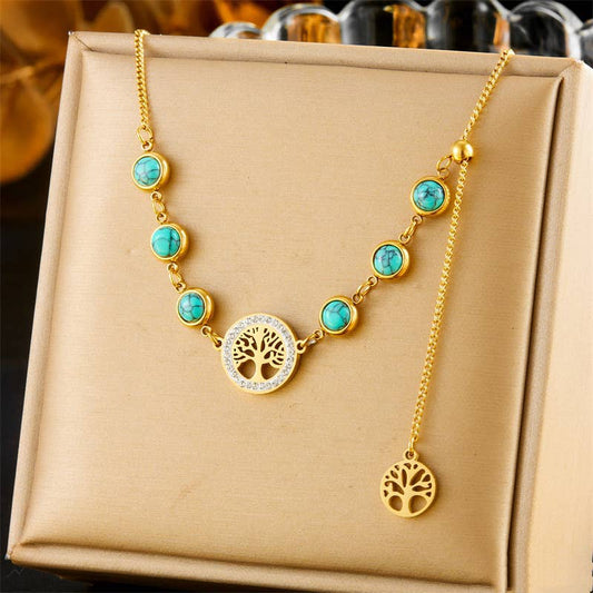 Collier Arbre de Vie Doré – Pierres Turquoises et Pendentifs