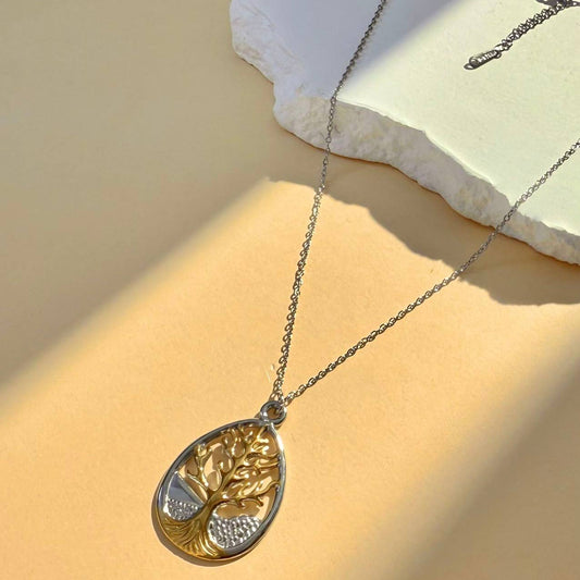 Collier acier inoxydable arbre de vie ovale bicolore