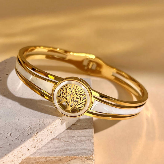 Bracelet Arbre de Vie – Acier Doré et Nacre Blanche